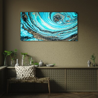 Ocean swirls in blue and gold Wall art on glass