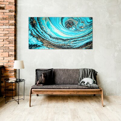 Ocean swirls in blue and gold Wall art on glass