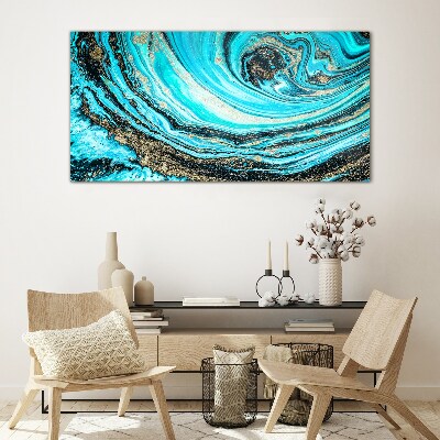 Ocean swirls in blue and gold Wall art on glass