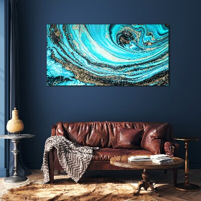 Ocean swirls in blue and gold Wall art on glass
