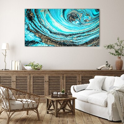 Ocean swirls in blue and gold Wall art on glass