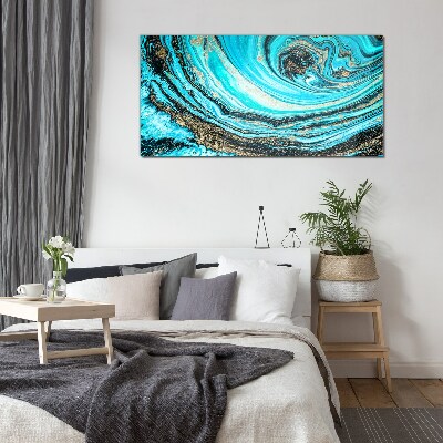Ocean swirls in blue and gold Wall art on glass