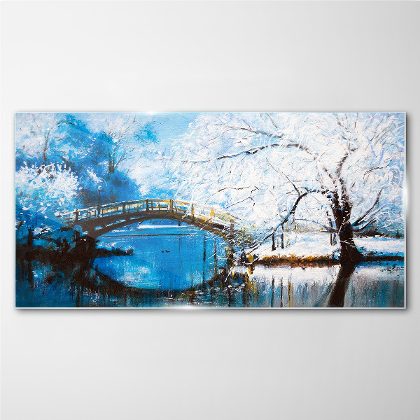 Winter bridge in a blue landscape Wall art on glass