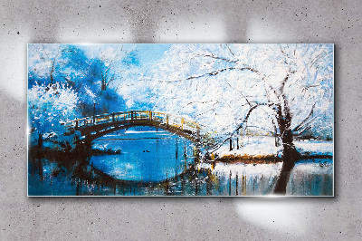 Winter bridge in a blue landscape Wall art on glass