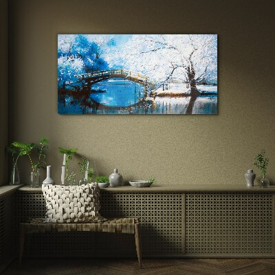 Winter bridge in a blue landscape Wall art on glass