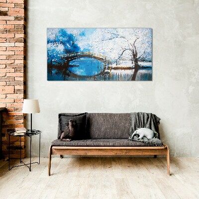 Winter bridge in a blue landscape Wall art on glass