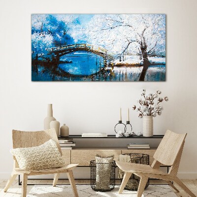 Winter bridge in a blue landscape Wall art on glass