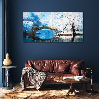 Winter bridge in a blue landscape Wall art on glass