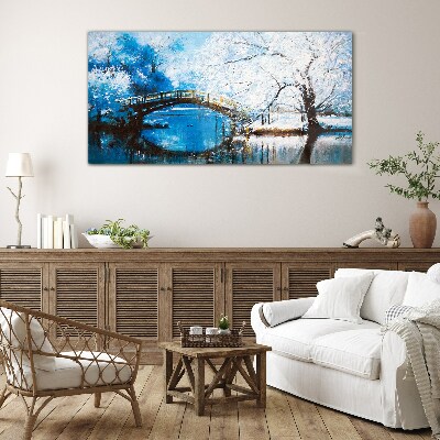 Winter bridge in a blue landscape Wall art on glass