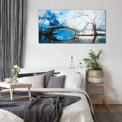 Winter bridge in a blue landscape Wall art on glass