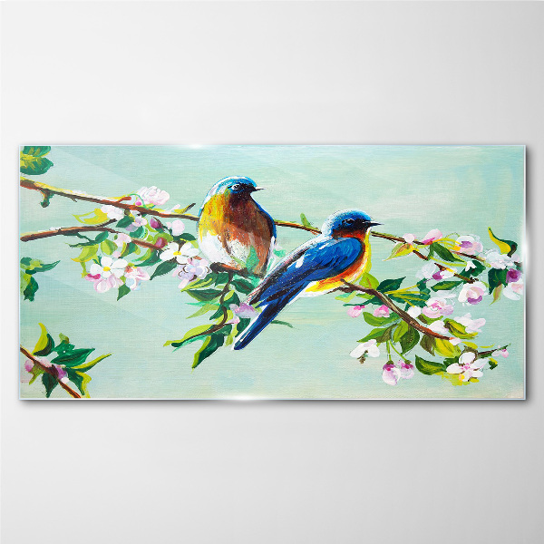 Birds on a flowering branch Glass art print