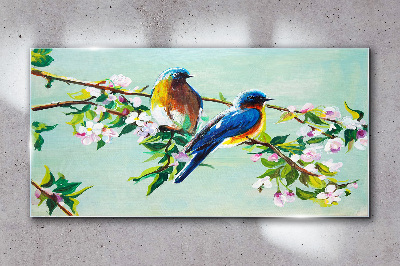 Birds on a flowering branch Glass art print