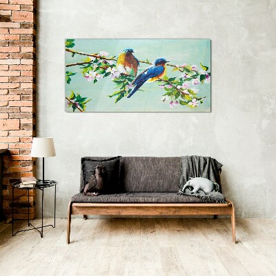 Birds on a flowering branch Glass art print