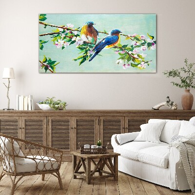 Birds on a flowering branch Glass art print
