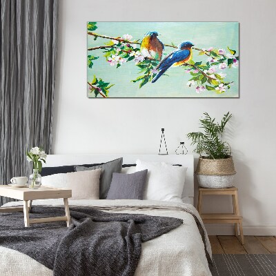 Birds on a flowering branch Glass art print
