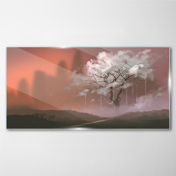 Misty landscape with a tree Glass art print