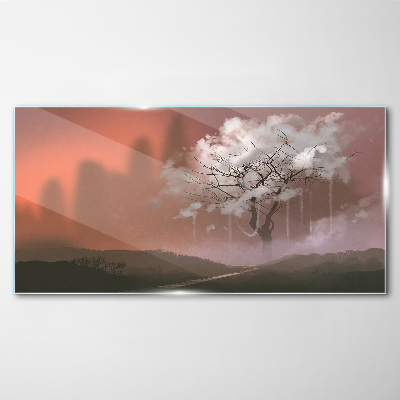 Misty landscape with a tree Glass art print