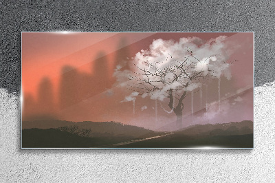 Misty landscape with a tree Glass art print