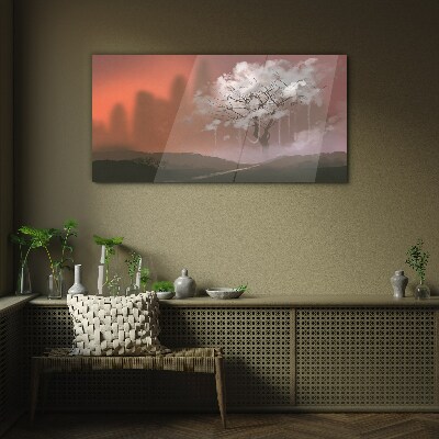 Misty landscape with a tree Glass art print