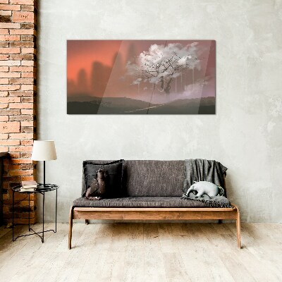 Misty landscape with a tree Glass art print