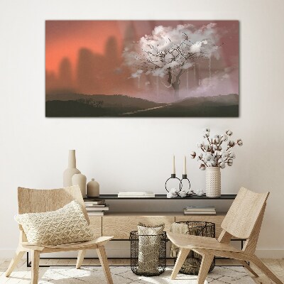Misty landscape with a tree Glass art print