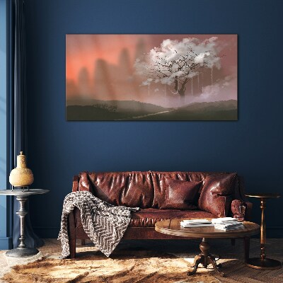 Misty landscape with a tree Glass art print