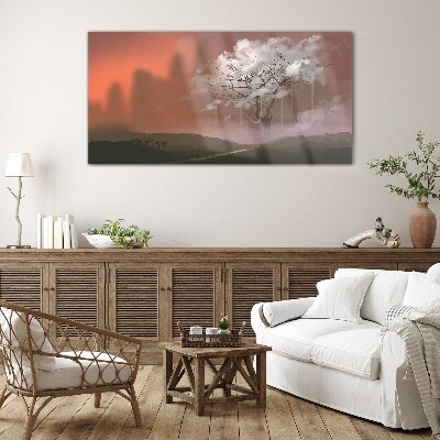 Misty landscape with a tree Glass art print