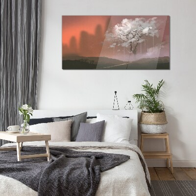 Misty landscape with a tree Glass art print
