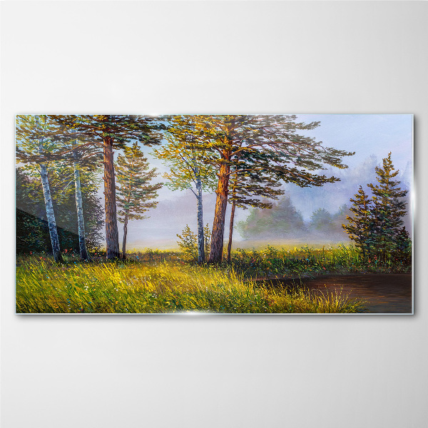 Morning fog in the forest Wall art on glass