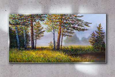 Morning fog in the forest Wall art on glass