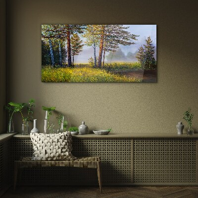 Morning fog in the forest Wall art on glass