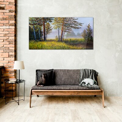 Morning fog in the forest Wall art on glass