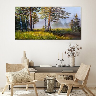 Morning fog in the forest Wall art on glass