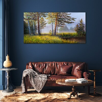 Morning fog in the forest Wall art on glass