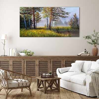 Morning fog in the forest Wall art on glass