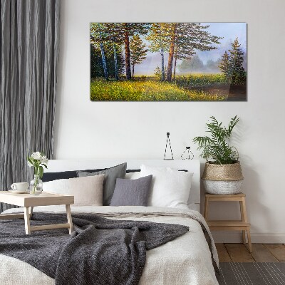 Morning fog in the forest Wall art on glass