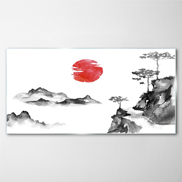 Japanese landscape with red ball Glass art print