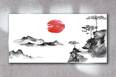 Japanese landscape with red ball Glass art print