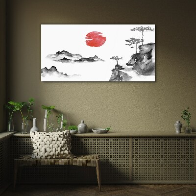 Japanese landscape with red ball Glass art print