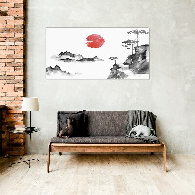 Japanese landscape with red ball Glass art print