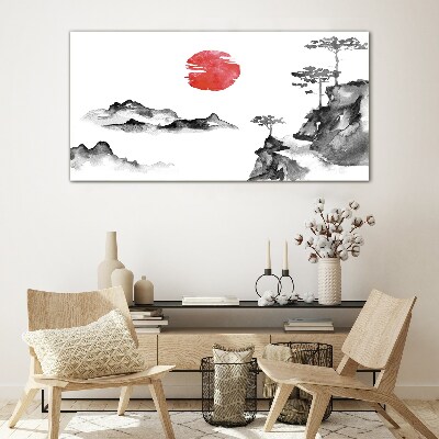 Japanese landscape with red ball Glass art print