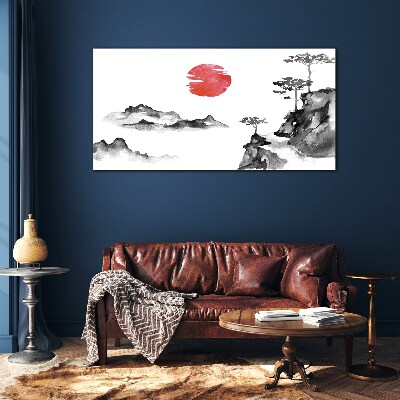 Japanese landscape with red ball Glass art print