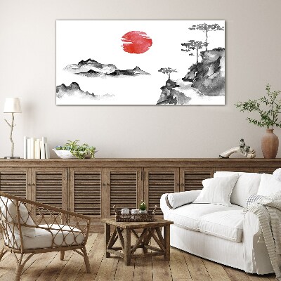 Japanese landscape with red ball Glass art print