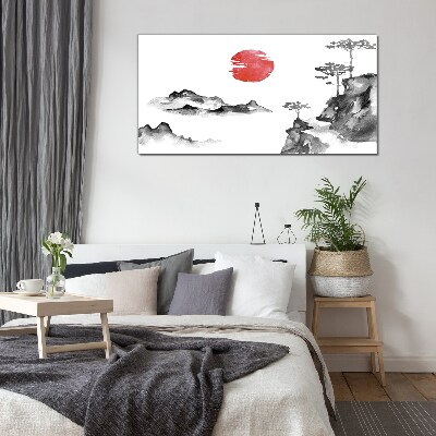 Japanese landscape with red ball Glass art print
