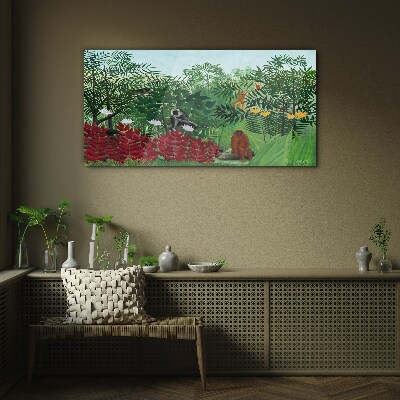 Tropical landscape with monkeys Wall art on glass