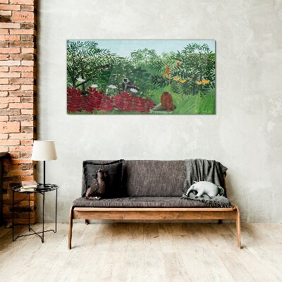 Tropical landscape with monkeys Wall art on glass