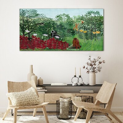 Tropical landscape with monkeys Wall art on glass