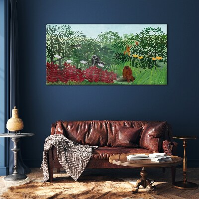 Tropical landscape with monkeys Wall art on glass