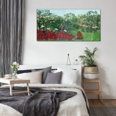 Tropical landscape with monkeys Wall art on glass