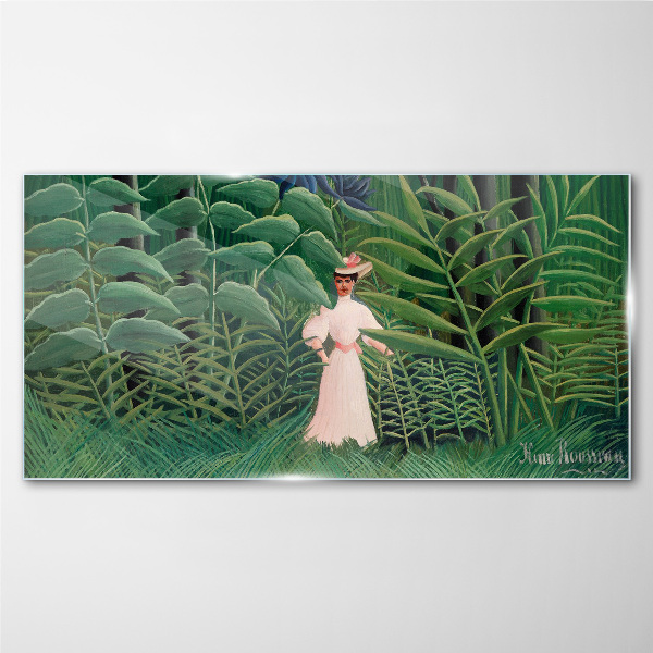 Woman in the green forest Glass art print